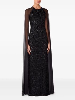 Jenny Packham Black Sequin Cape Maxi Gown